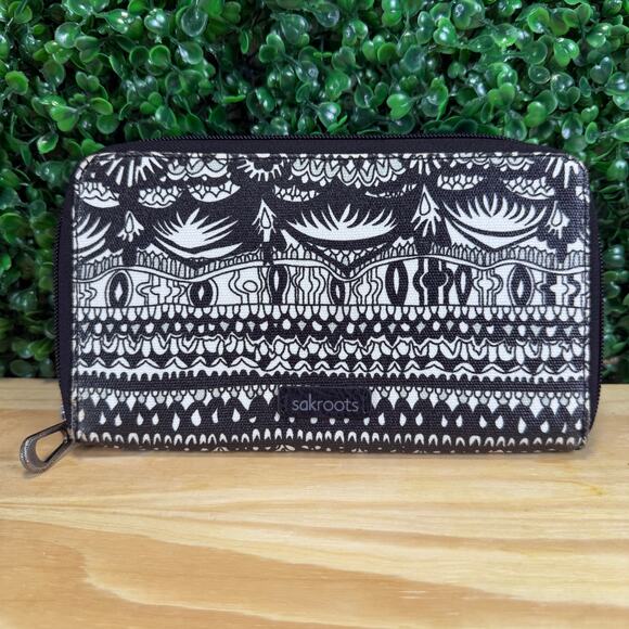 Sakroots Womens Billfold Wallet Zip Close Black Beige Organizer - Picture 1 of 10